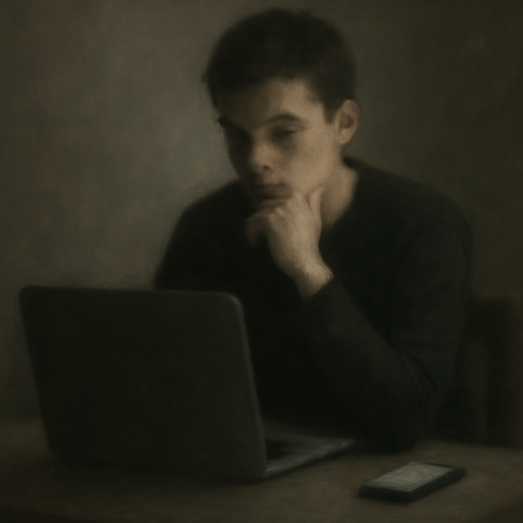 Person in dim indoor setting with thoughtful expression, surrounded by blurred tech representations.