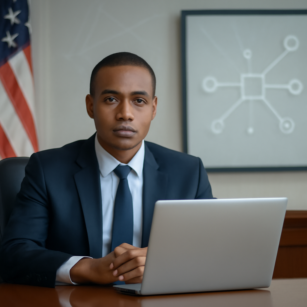 Person in formal setting with laptop and network diagram on screen.