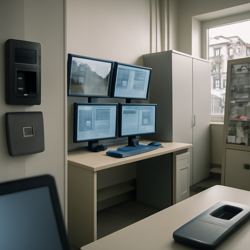 Control room with industrial and technological elements, emphasizing security and access control.