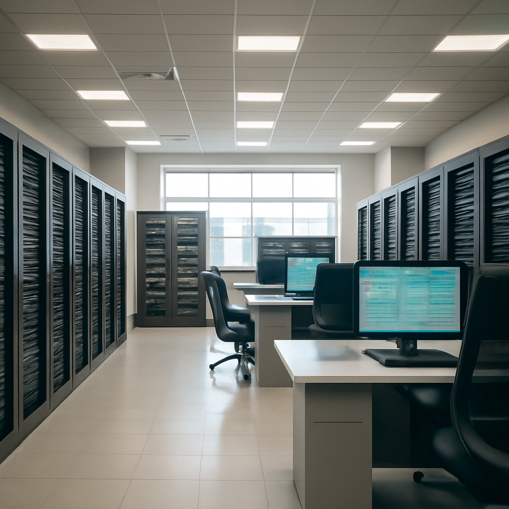 Brightly-lit corporate IT room with server racks, network equipment, and monitoring screens near a large windowed wall.