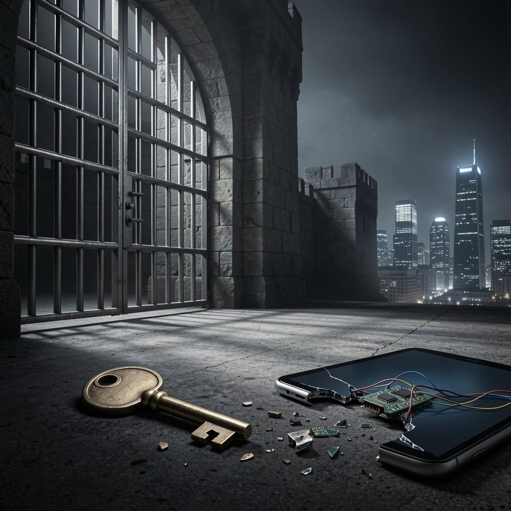 Fortress-like structure with secure gate looms over discarded, broken key on ground.
