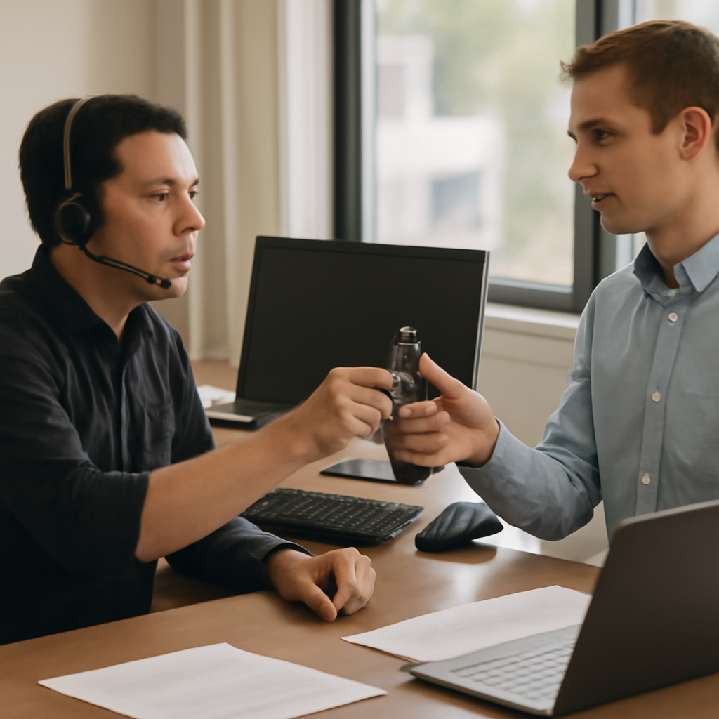 Service desk agent handing security key to new employee at office desk.