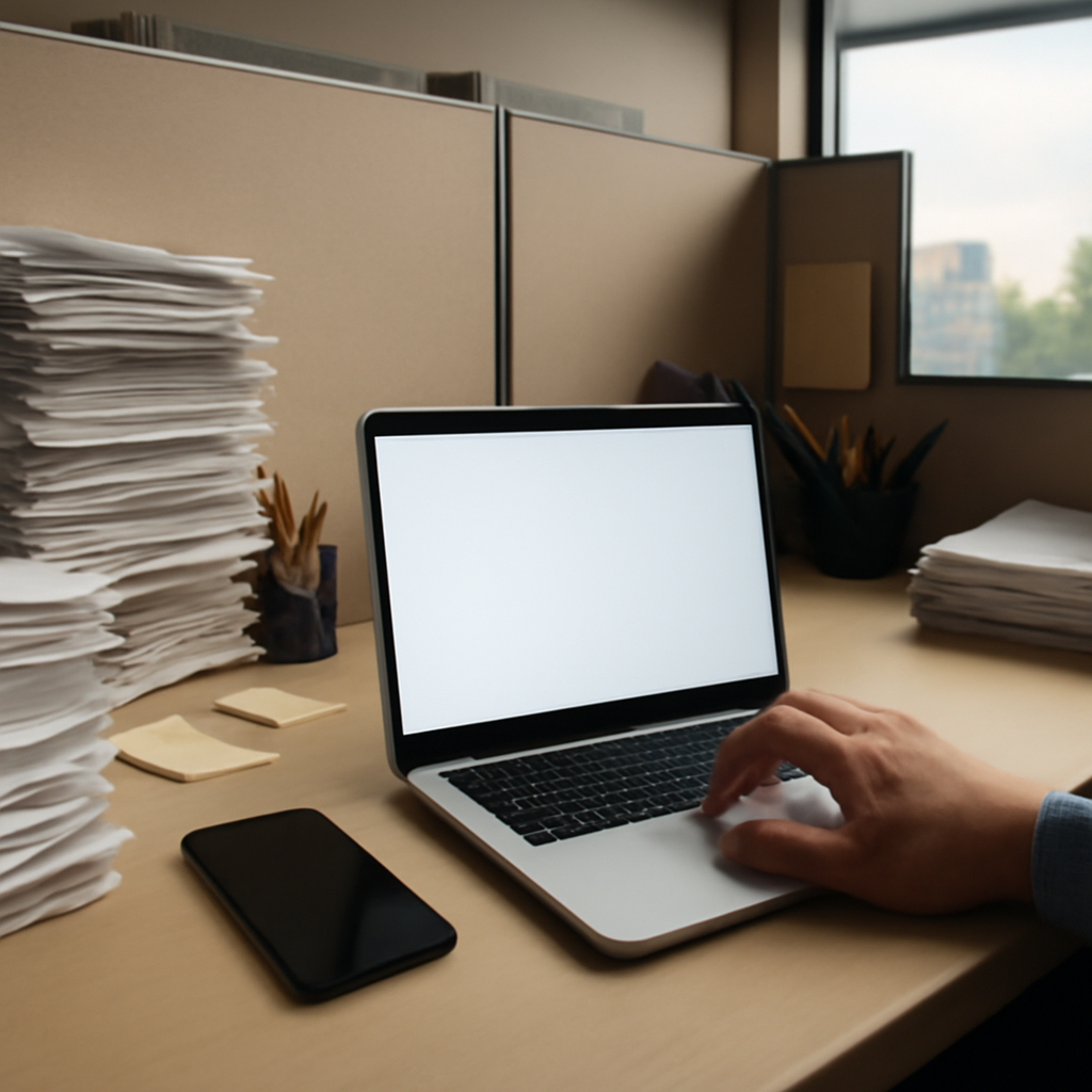 A cluttered office cubicle with laptop, phone, and papers, with a blurred cityscape in the background and a person's hand…