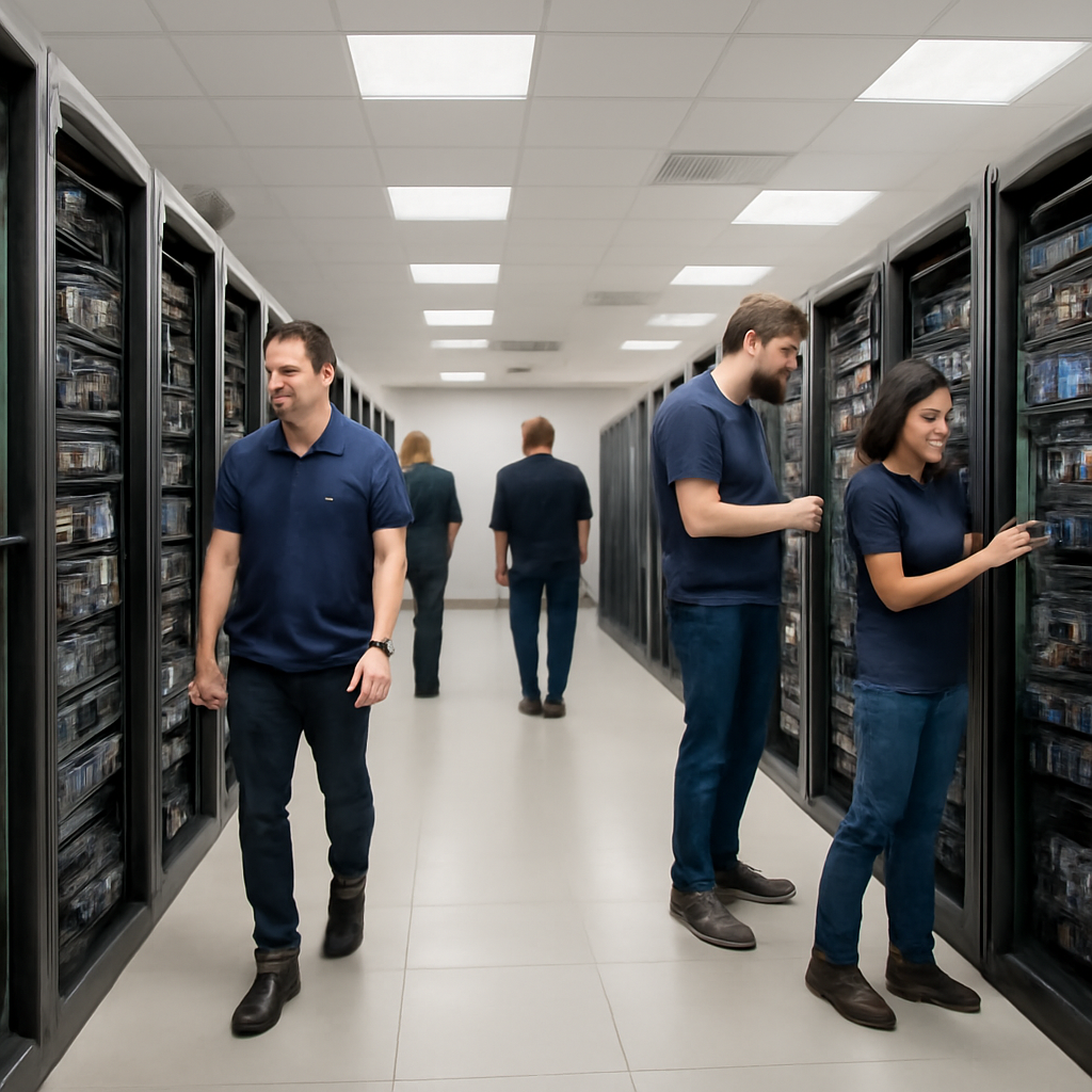 Rows of equipment racks and servers in a modern tech company's server room with technicians walking between them.
