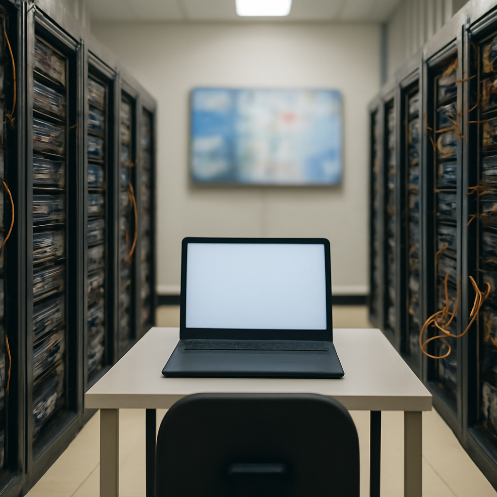 Rows of servers and network equipment in a well-lit data center or network operations room.