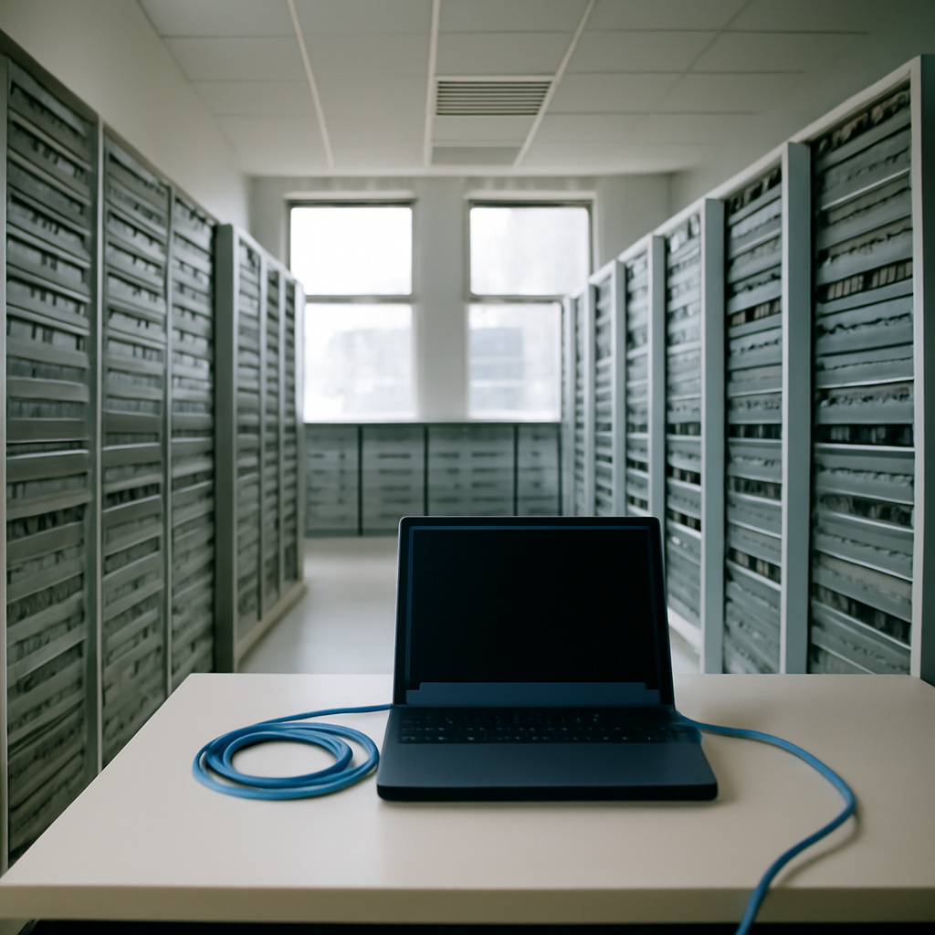 Rows of office mailboxes or server equipment with a single workstation and blank laptop screen in the foreground.