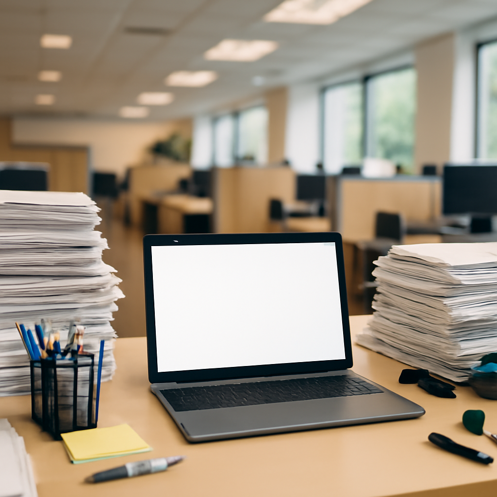 Cluttered office desk with laptop and papers, surrounded by cubicles and natural light.