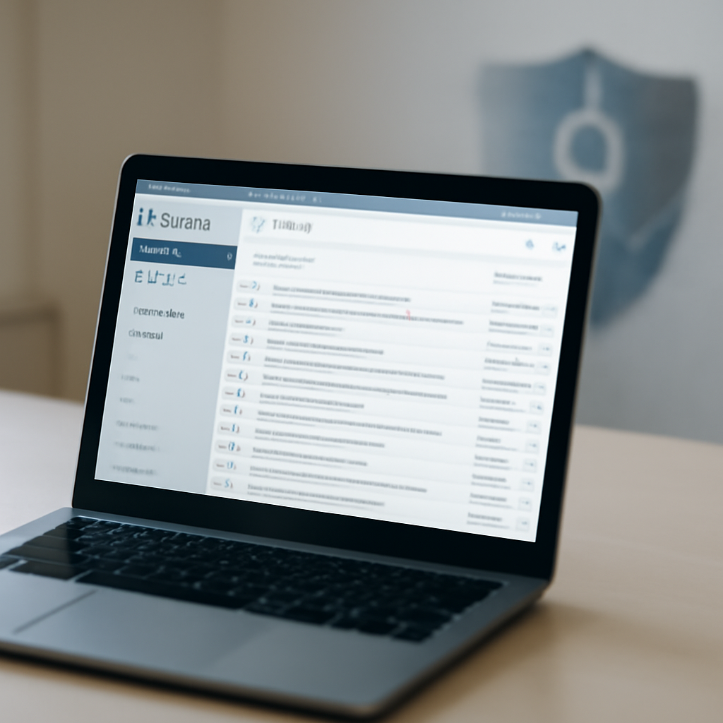 Laptop screen shows brightly-lit email inbox with subtle hint of security threat.