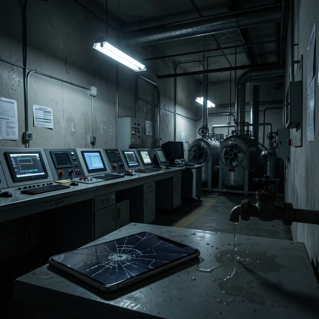 Dimly lit control room with computer screens and machinery, eerie shadows cast by flickering fluorescent light.
