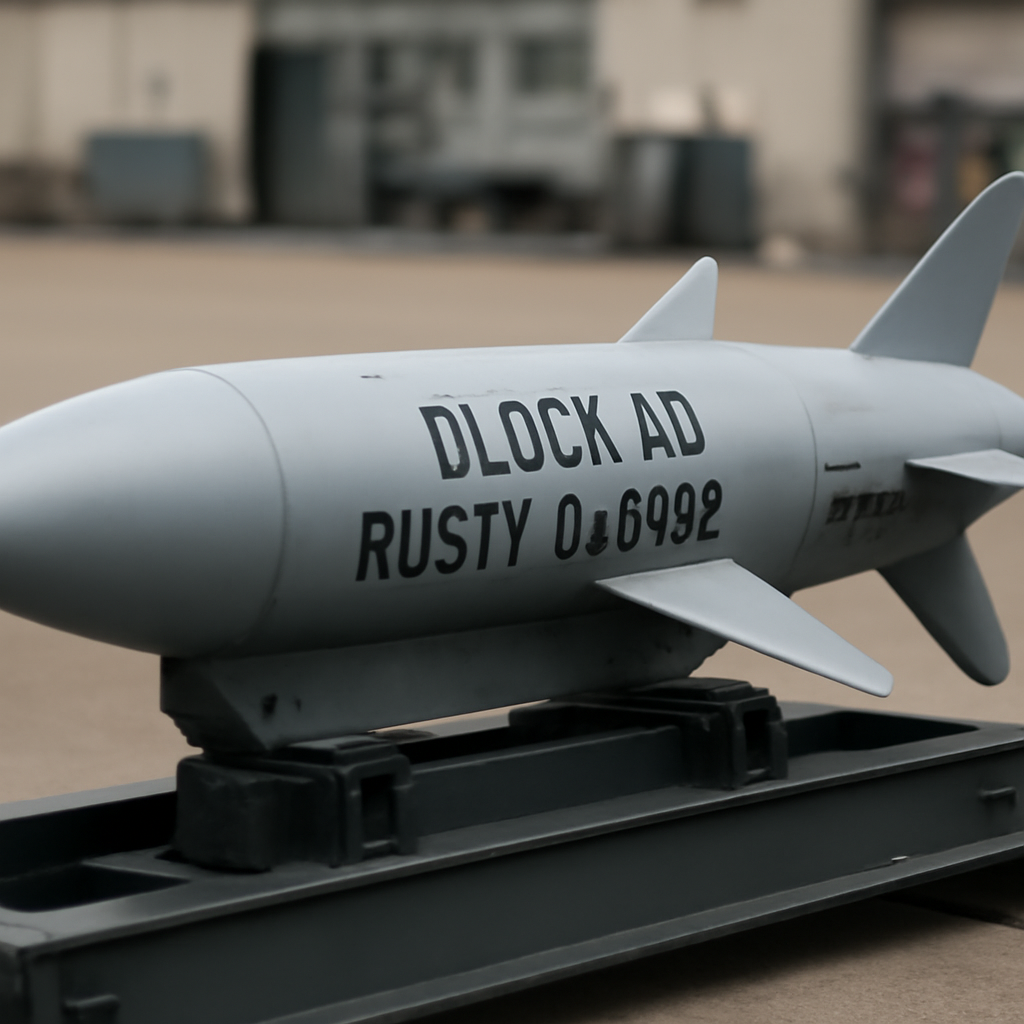 Sleek cruise missile on launch platform with blurred industrial background.