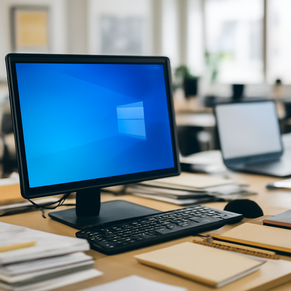 Cluttered office desk with a brightly-lit Windows desktop computer and blurred laptop screen in the background.