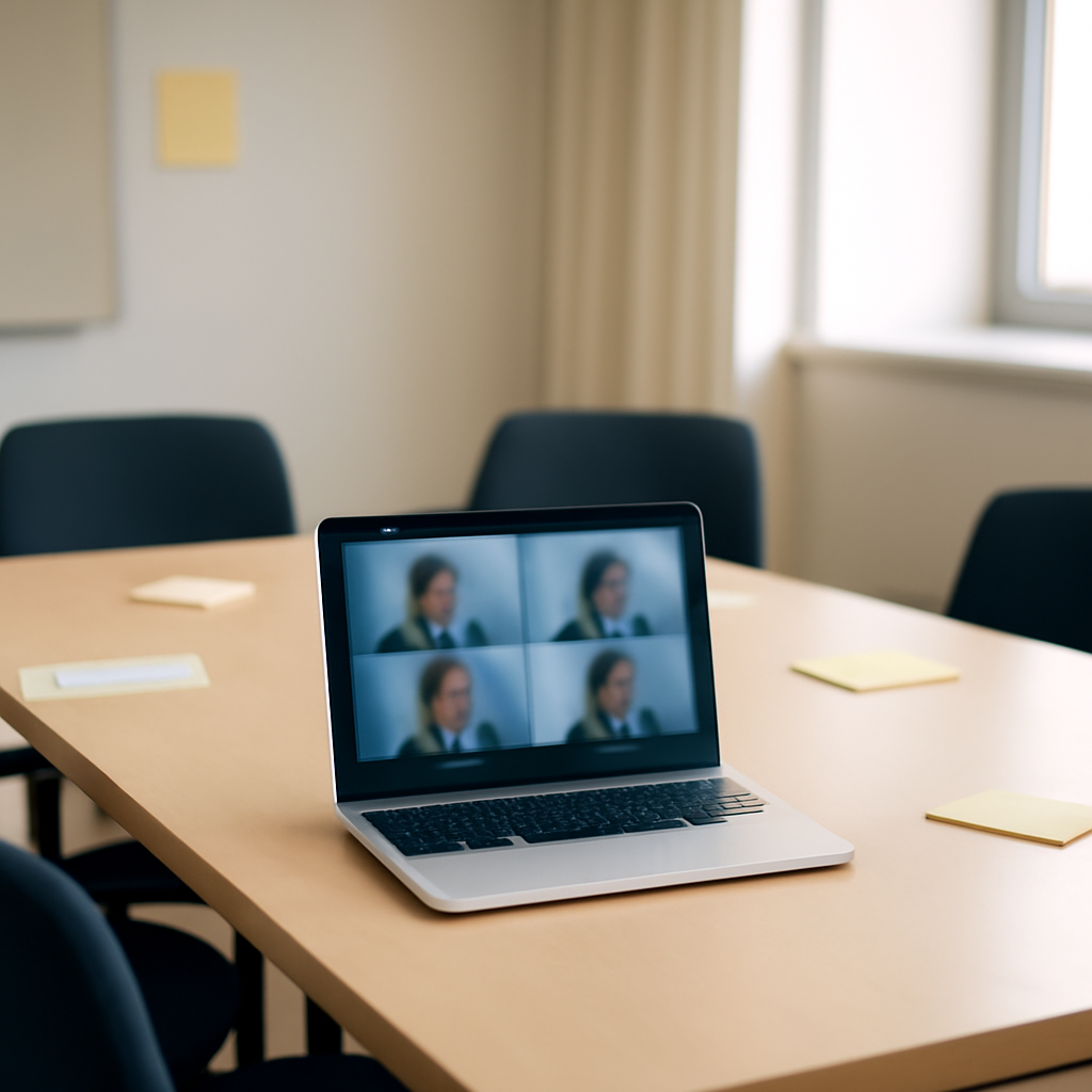 Blurred laptop screen on a table surrounded by chairs in a bright, daytime office setting.
