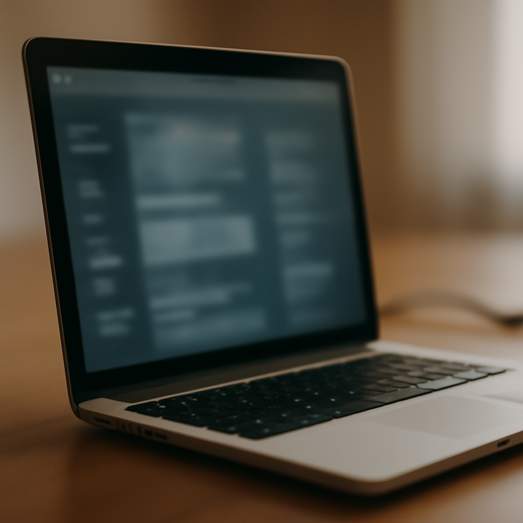 Laptop screen with blurred interface on a neutral background, faint network cable visible.